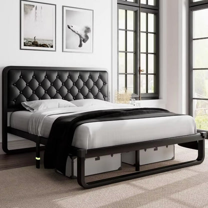 Bed Frame, Upholstered Platform Bed Frame, with Heavy Duty Steel Slats, Diamond Tufted Headboard