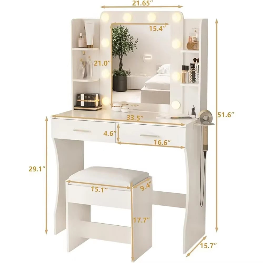 Vanity Desk with Lights,Makeup Vanity with Power Strip,Dressing Table Set with 2 Large Drawers,Vanity Mirror 3 Lighting Color