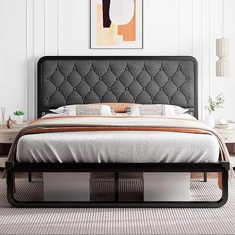 Bed Frame, Upholstered Platform Bed Frame, with Heavy Duty Steel Slats, Diamond Tufted Headboard