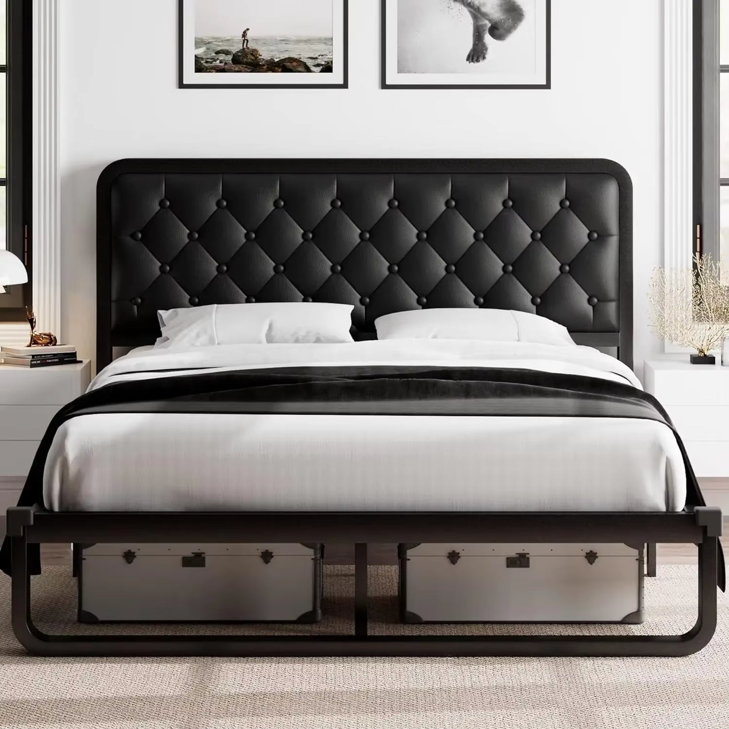 Bed Frame, Upholstered Platform Bed Frame, with Heavy Duty Steel Slats, Diamond Tufted Headboard