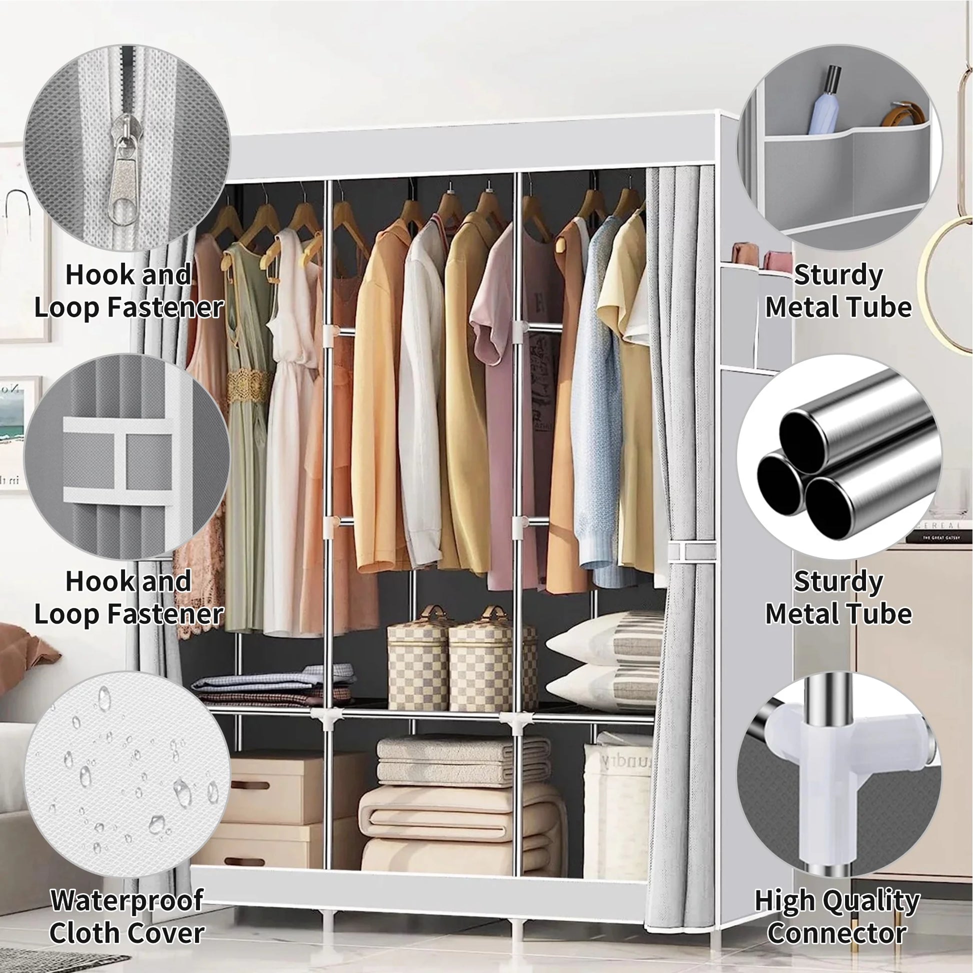 Portable Closet,Portable Wardrobe Closet Storage with 3 Hanging Rods,6 Storage Shelves,Side Pocket for Clothes Storage Organizer,Gray